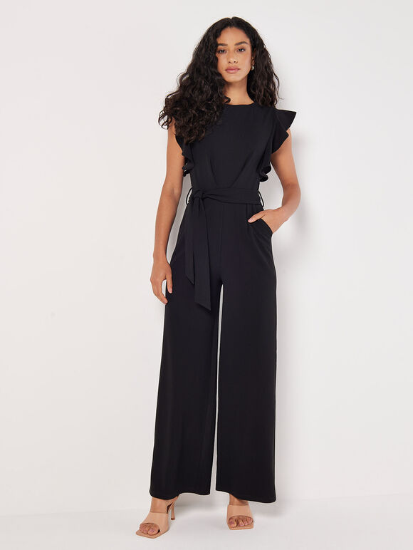 Ruffle Sleeve Jersey Jumpsuit, Black, large