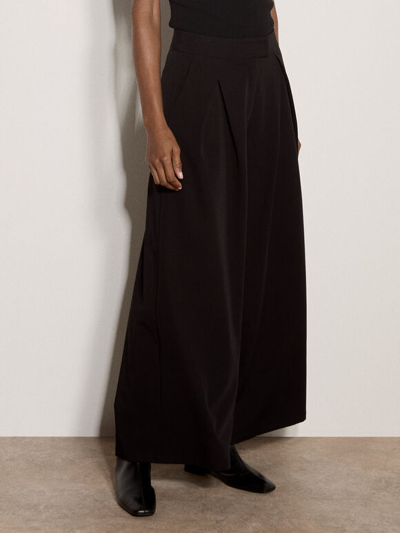 Wide-Leg Pleated Tailored Trousers, Black, large