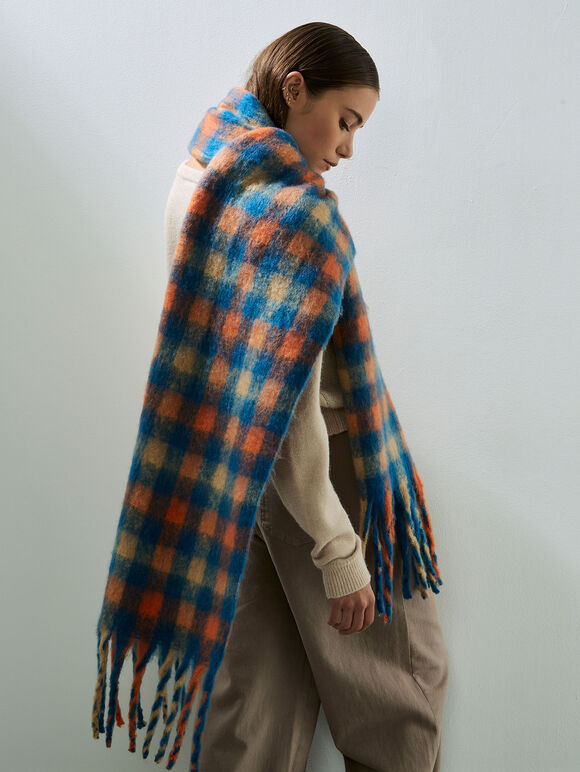 Gingham Check Soft Scarf, Blue, large