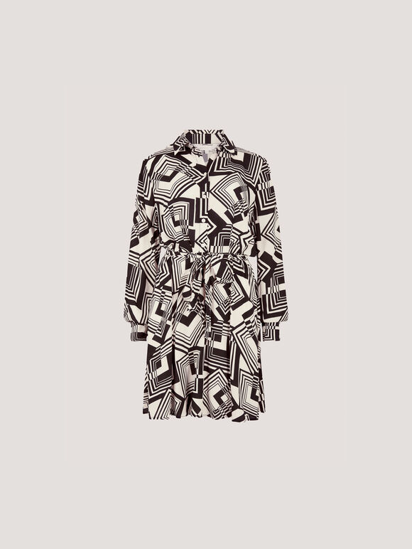 Geo Squares Shirt Mini Dress, Stone, large