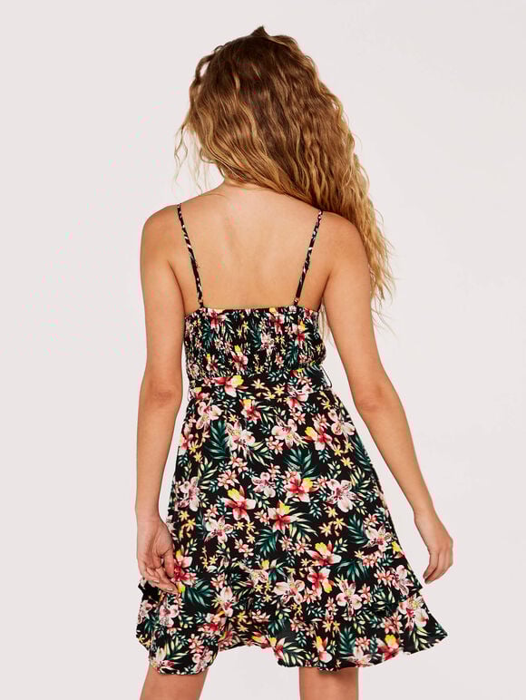 Tropical Floral Tiered Wrap Mini Dress, Black, large