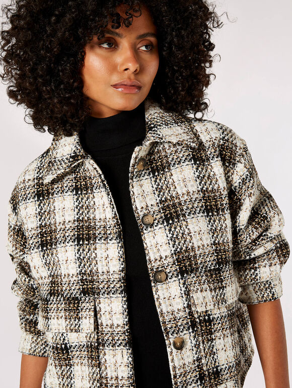 Woven Textured Check Cropped Shacket, Brown, large