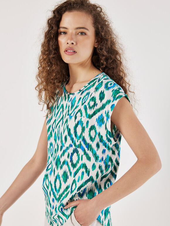 Ikat Button Back Woven T-Shirt, Green, large