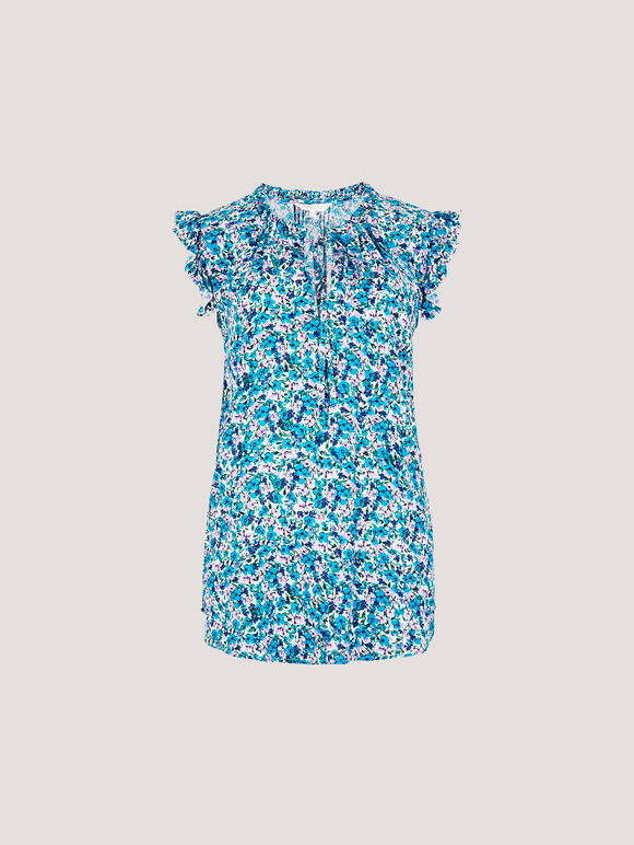 Ditsy Floral Ruffle Sleeve Top, Cream, large
