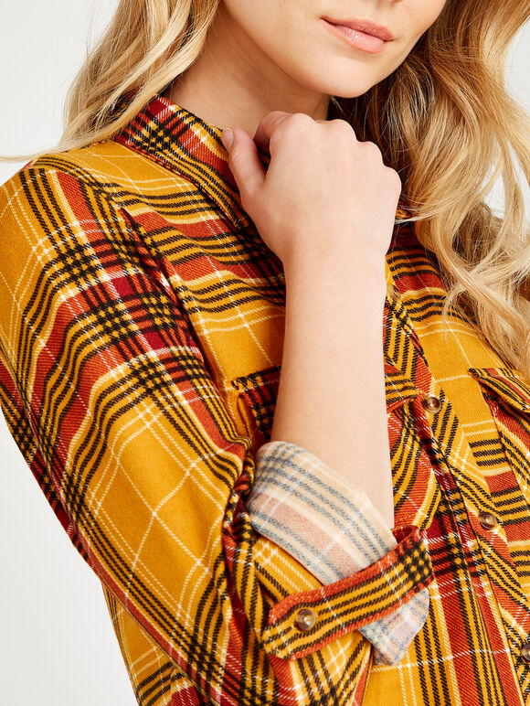 Yellow Retro Plaid Shirt, Mustard, large