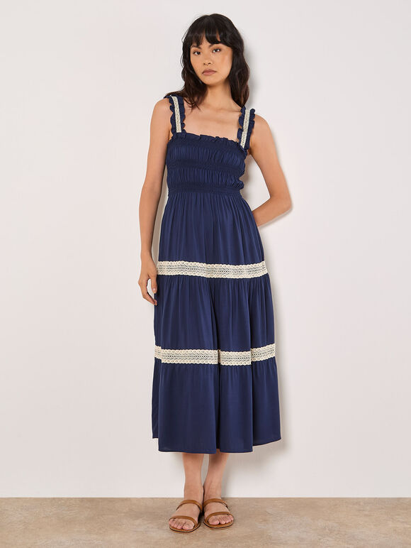 Crochet Lace Tiered Midi Dress, Navy, large