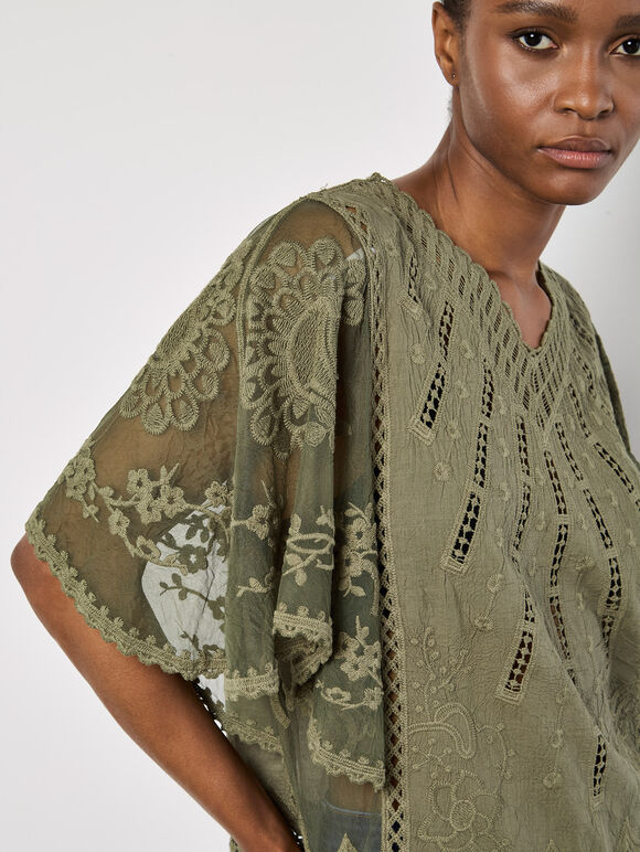 Embroidered Cotton Mesh Top, Khaki, large