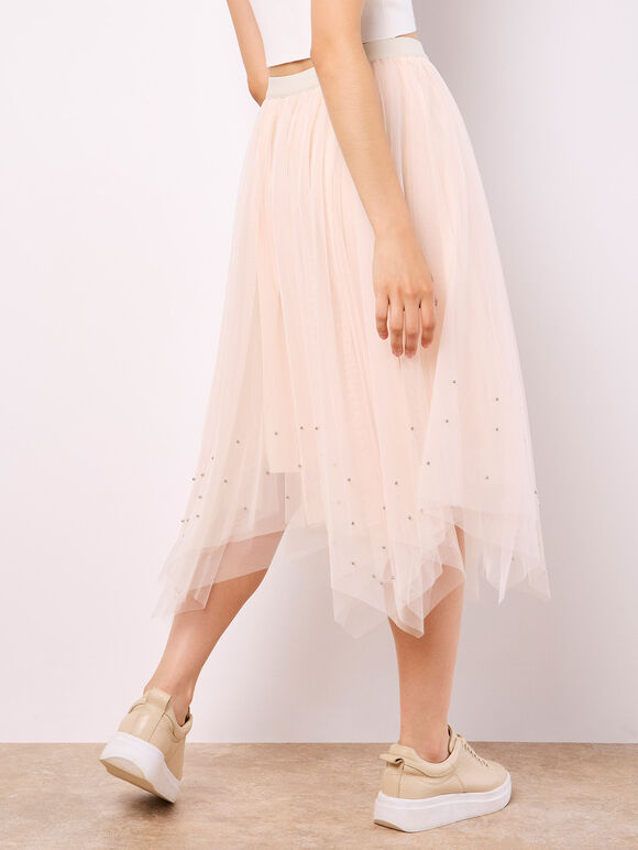 Pearl Embellished Tulle Midi Skirt, Stone, large