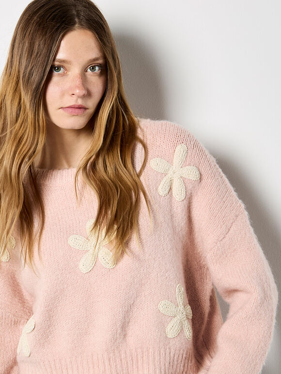 Crochet Daisies Boxy Jumper, Pink, large