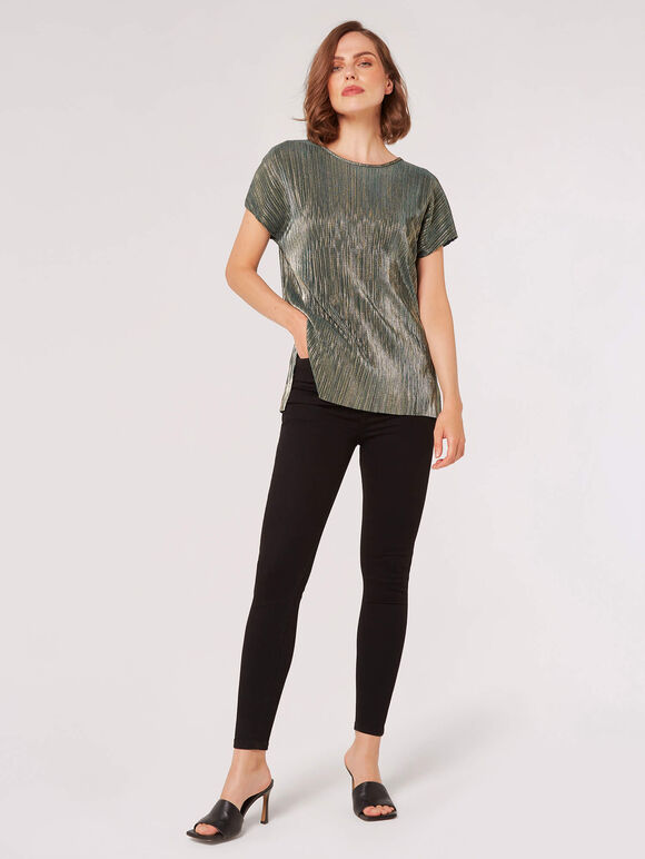 Metallic Plisse V-Back Top, Green, large