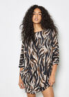 Zebra Print Knitted Cocoon Mini Dress, Stone, large