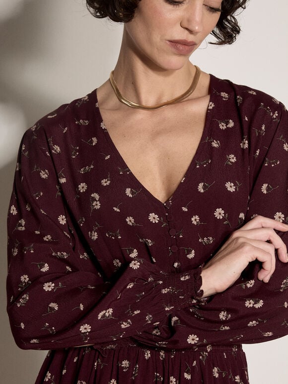Vintage Floral Crepe Mini Dress, Burgundy, large