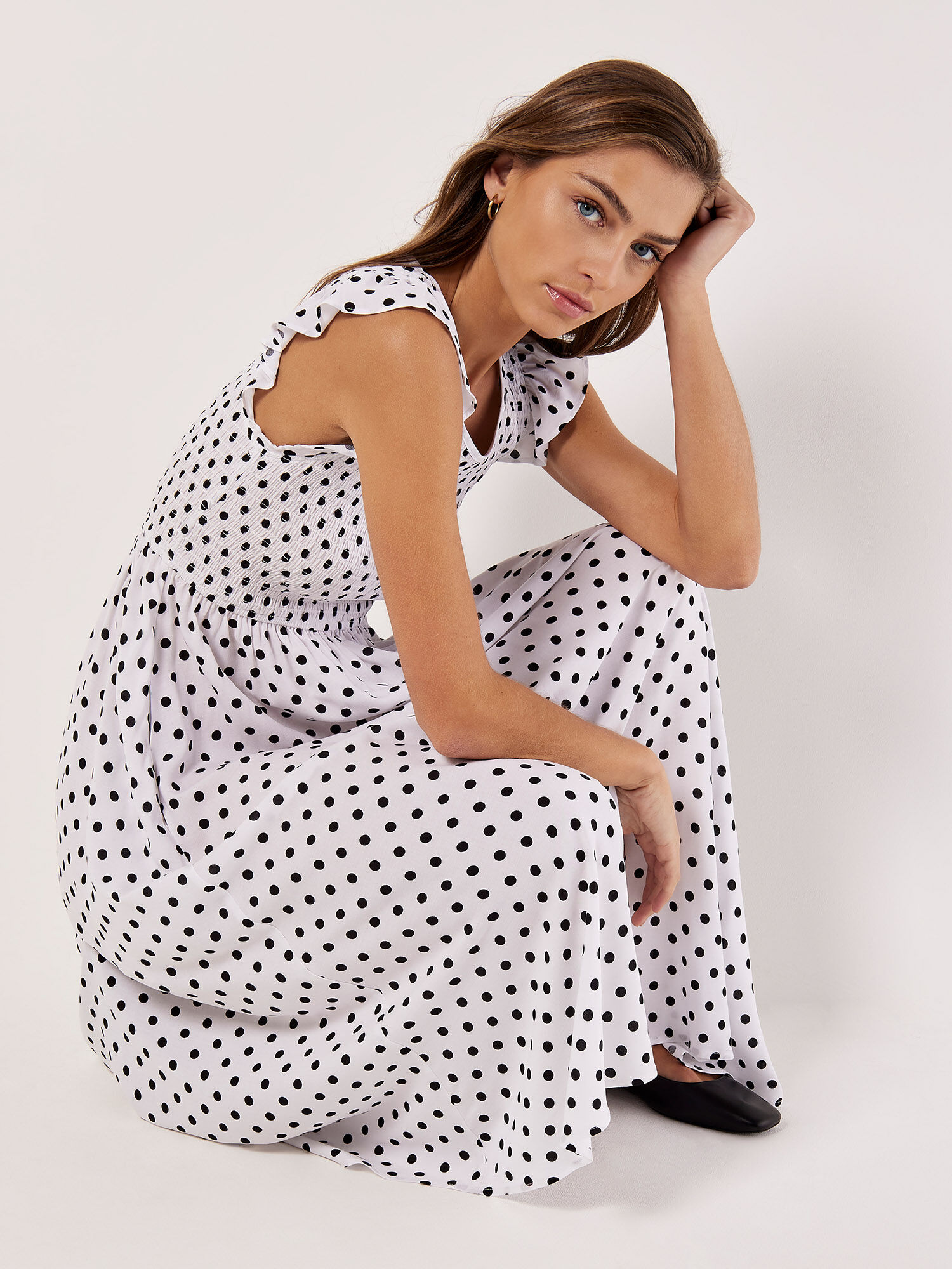 White polka dot smock dress top