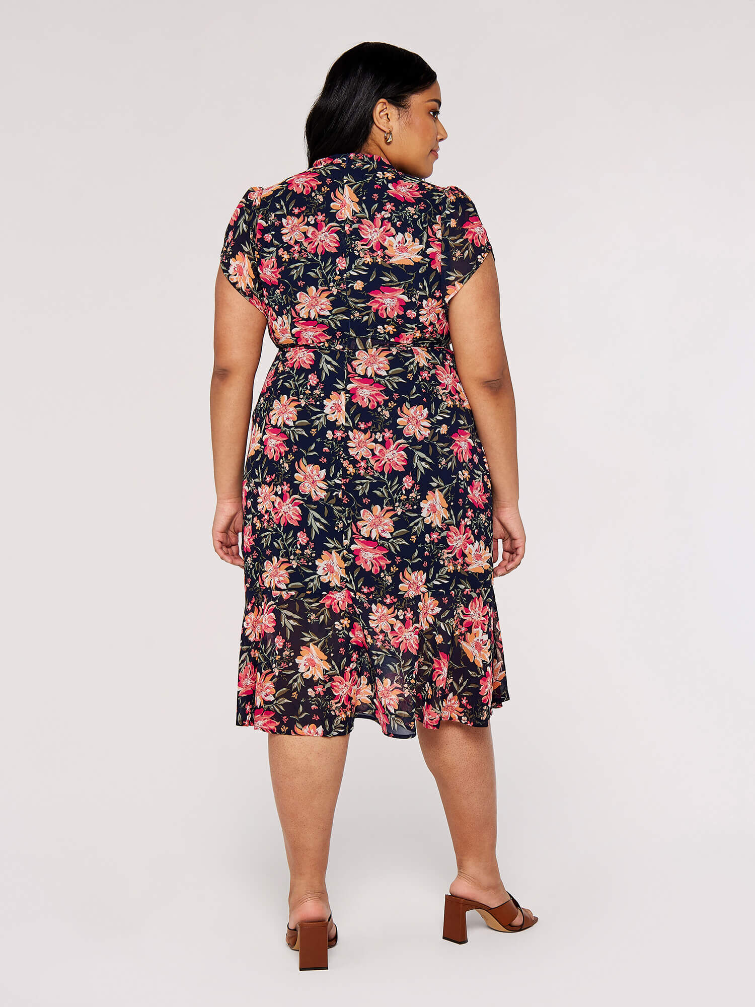 Curve Floral Wrap Midi Dress Apricot Clothing