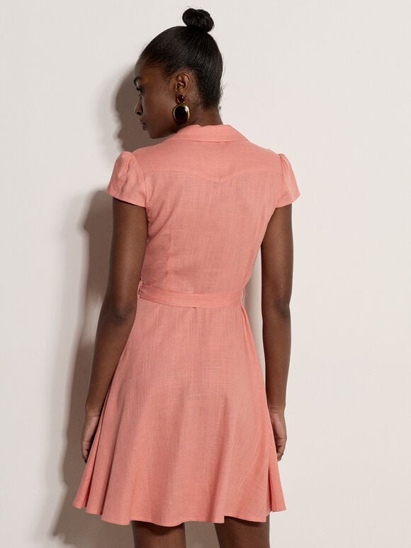 Linen Blend Shirt Mini Dress, Coral, large