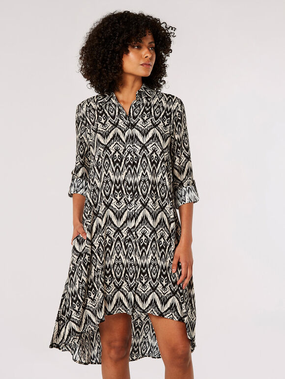 Diamond Print Shirt Mini Dress, Black, large