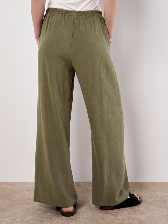 Linen Blend Wide Leg Trousers, Khaki, large