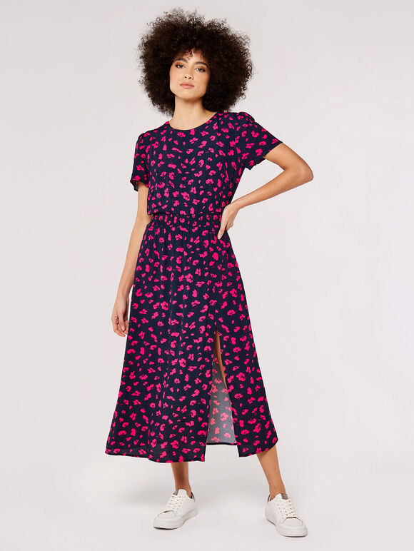 Floral Split Midi Dress, Navy, large