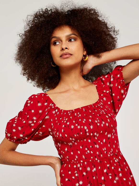 Floral Puff Sleeve Dress, Red, large