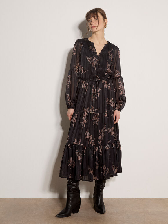 Metallic Shimmer Floral Silhouette Midi Dress, Black, large