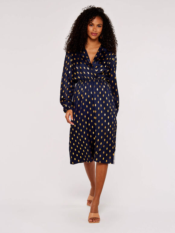 Metallic Gold Spot Midi Dress, Navy, large