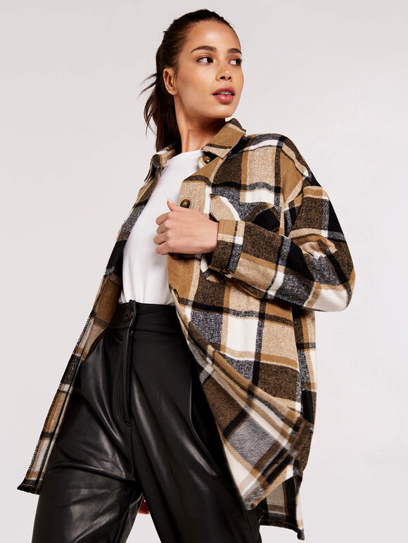 Checked Oversized Shacket, Stone, large