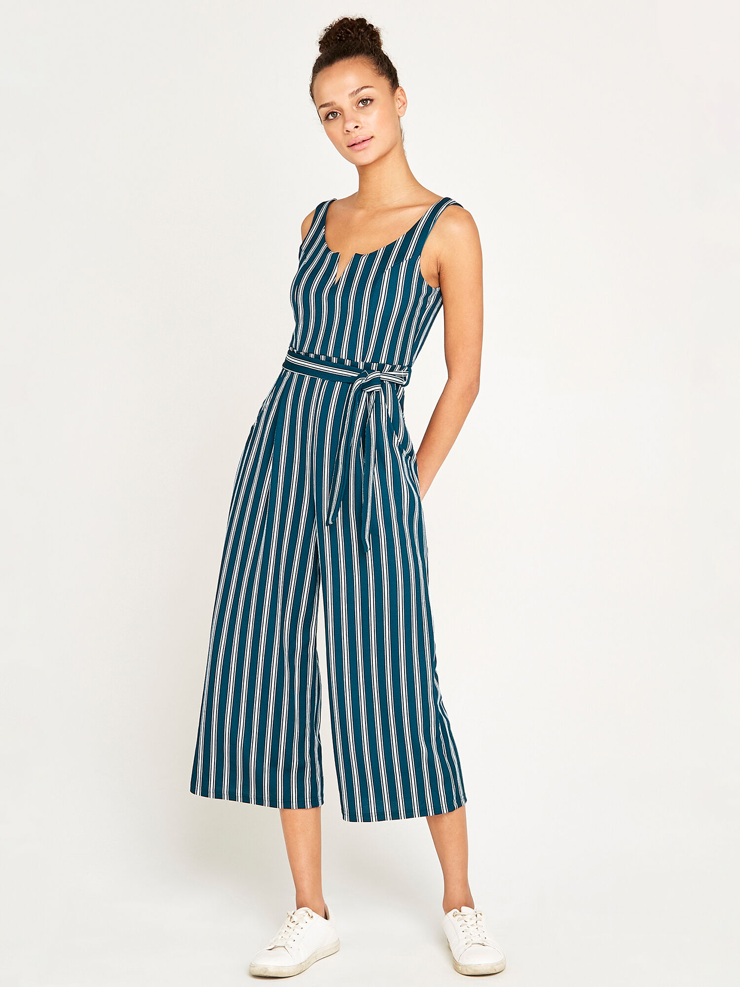 Striped Culotte Jumpsuit Apricot Clothing