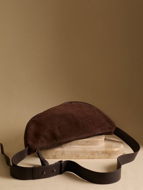 Suede Half Moon Crossbody Bag, Brown, large