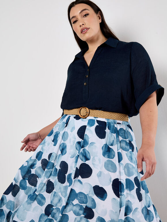 Abstract Print Slub Midi Skirt, Navy, large