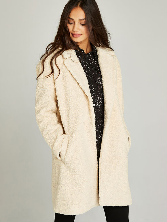 Cream Oversized Borg Fur Coat, Cream, large