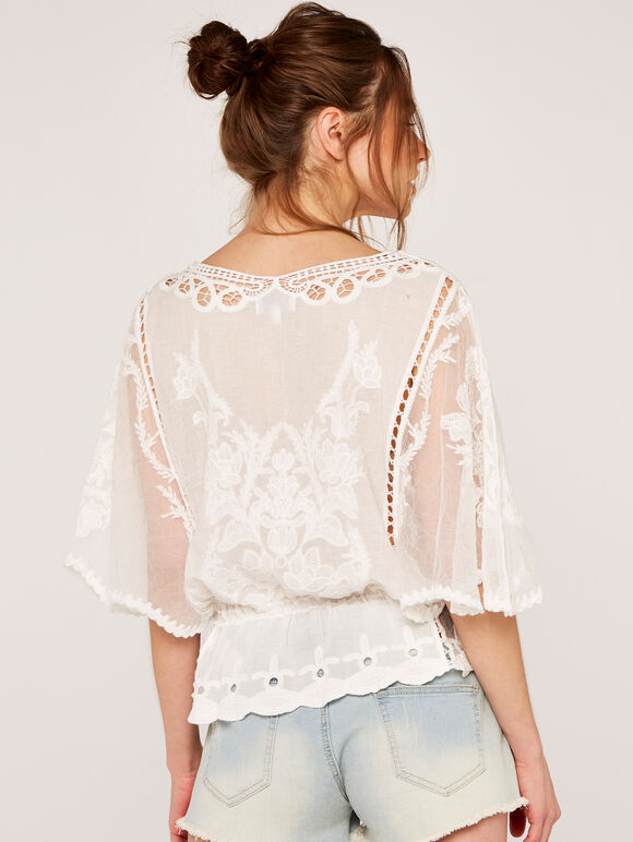 Floral Embroidery Top with Lace, White, large