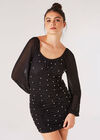 Pearl Embellished Ruched Dress, Black, large