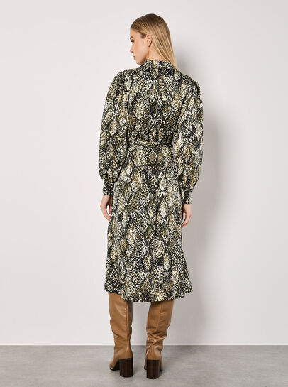 Snakeskin Print Satin Shirt Midi Dress