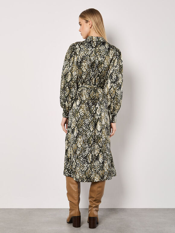 Snakeskin Print Satin Shirt Midi Dress, Khaki, large