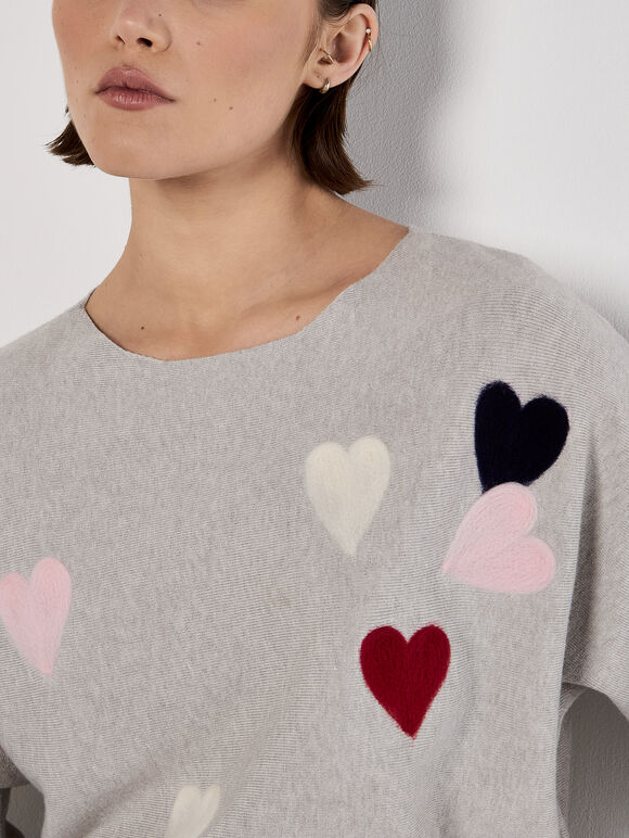 Applique Heart Batwing Jumper, Light Grey / Silver, large