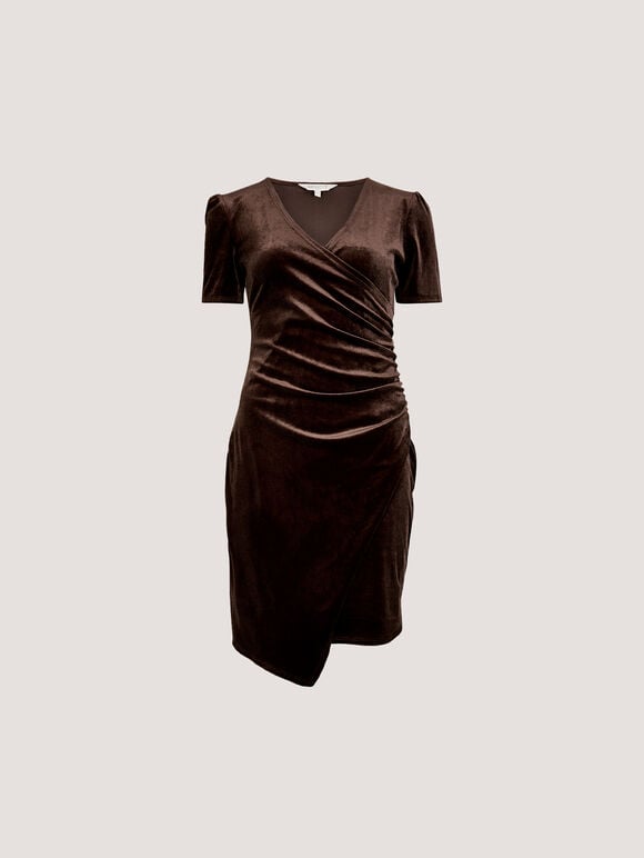 Velvet Ruched Bodycon Mini Dress, Brown, large