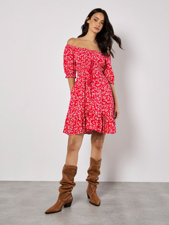 Sarasa Floral Bardot Mini Dress, Red, large