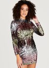 Pink Multicoloured Mock Neck Sequin Dress, Pink, large