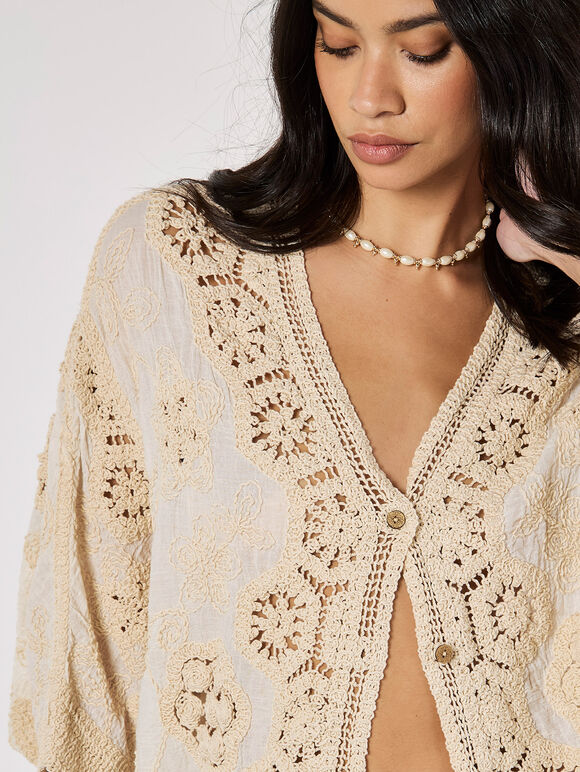 Oversized Crochet Embroidered Mesh Cardigan, Stone, large