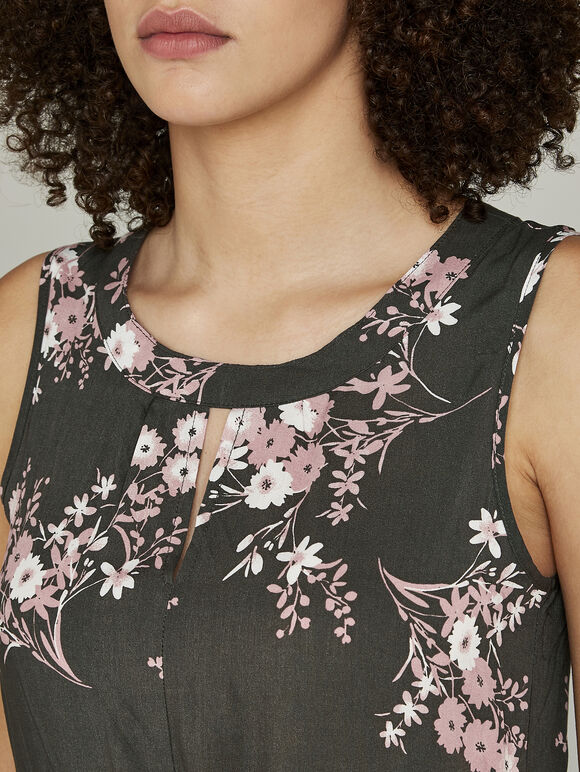 Khaki Floral Print Ruched Waist Maxi, Khaki, large