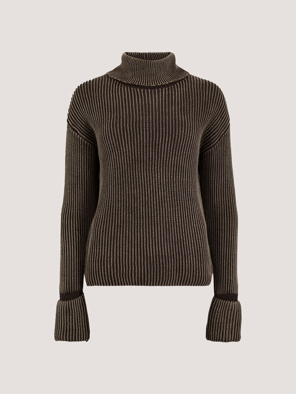Roll Neck Ribbed Stonewashed Jumper, Brown, large