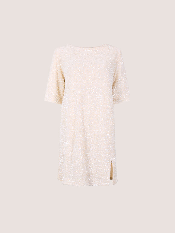 Sequin Embellished Mini Dress, White, large
