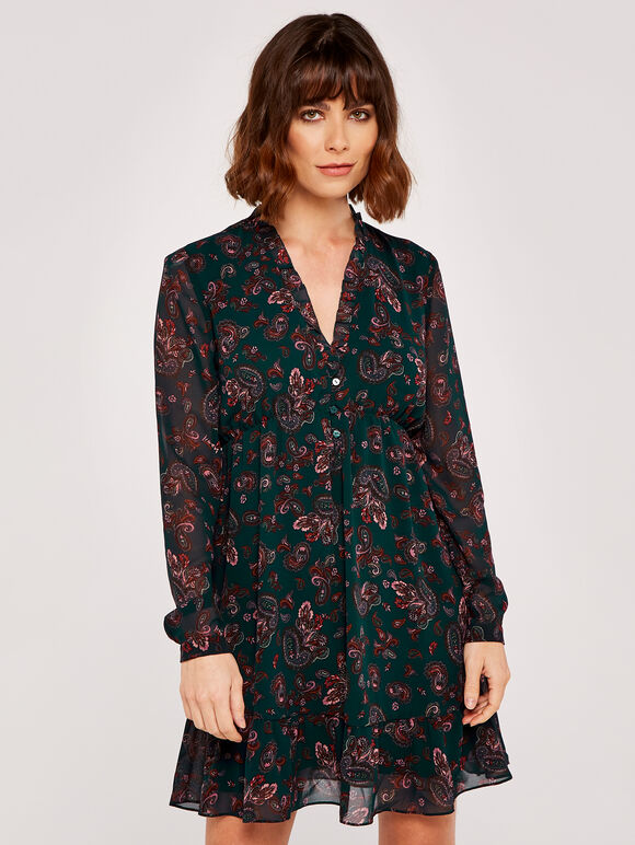 Paisley Long Sleeve Ruffle Dress, Green, large
