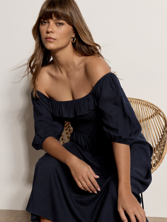 Smocked Bardot Maxi Dress, Navy, large
