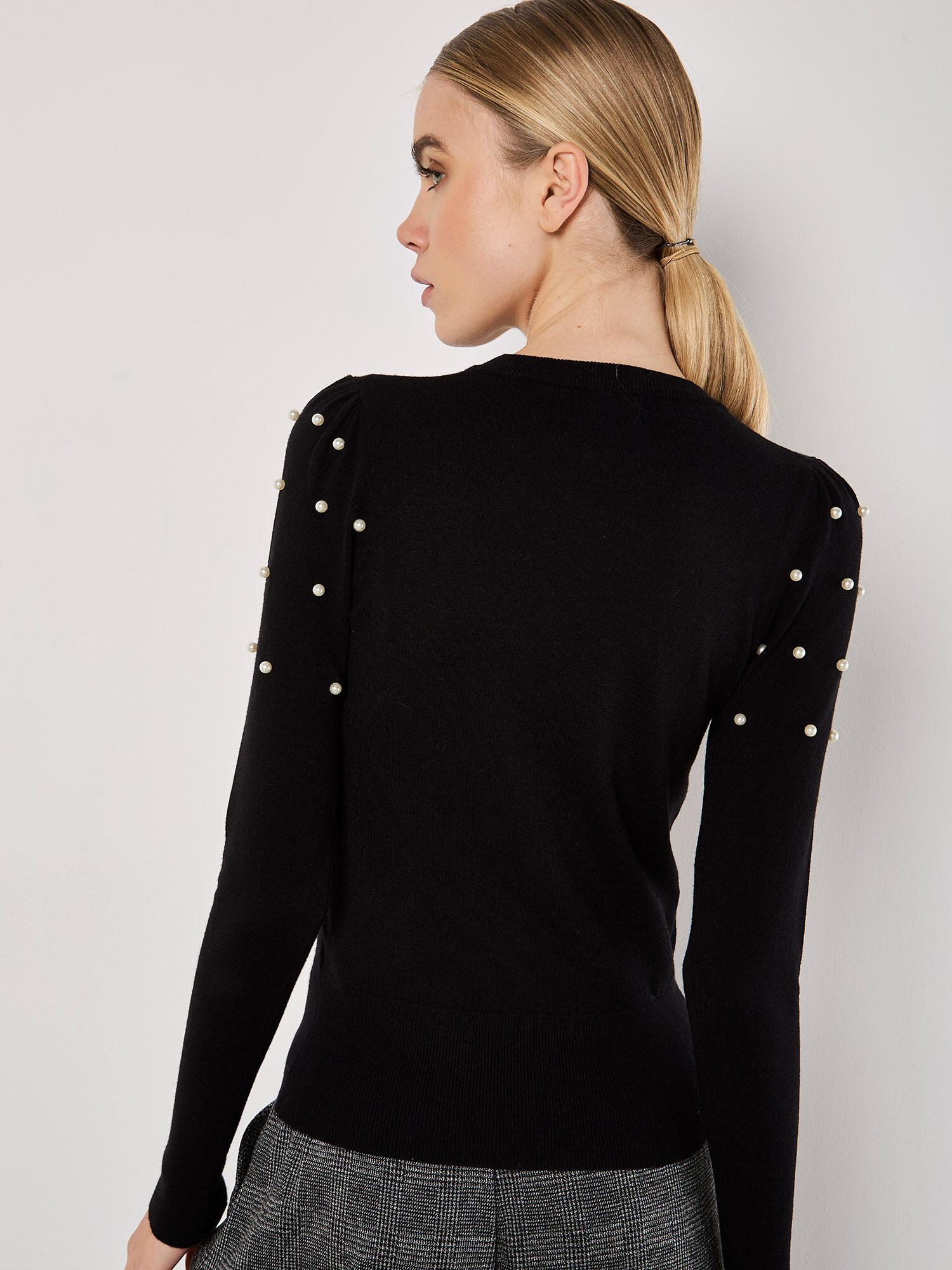 Black jumper with pearls on sleeve discount