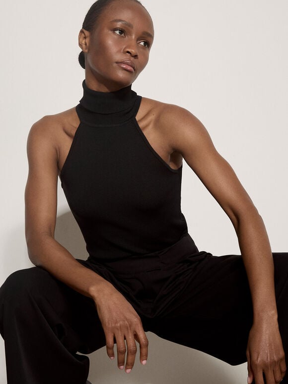 Roll Neck Knitted Tank Top, Black, large