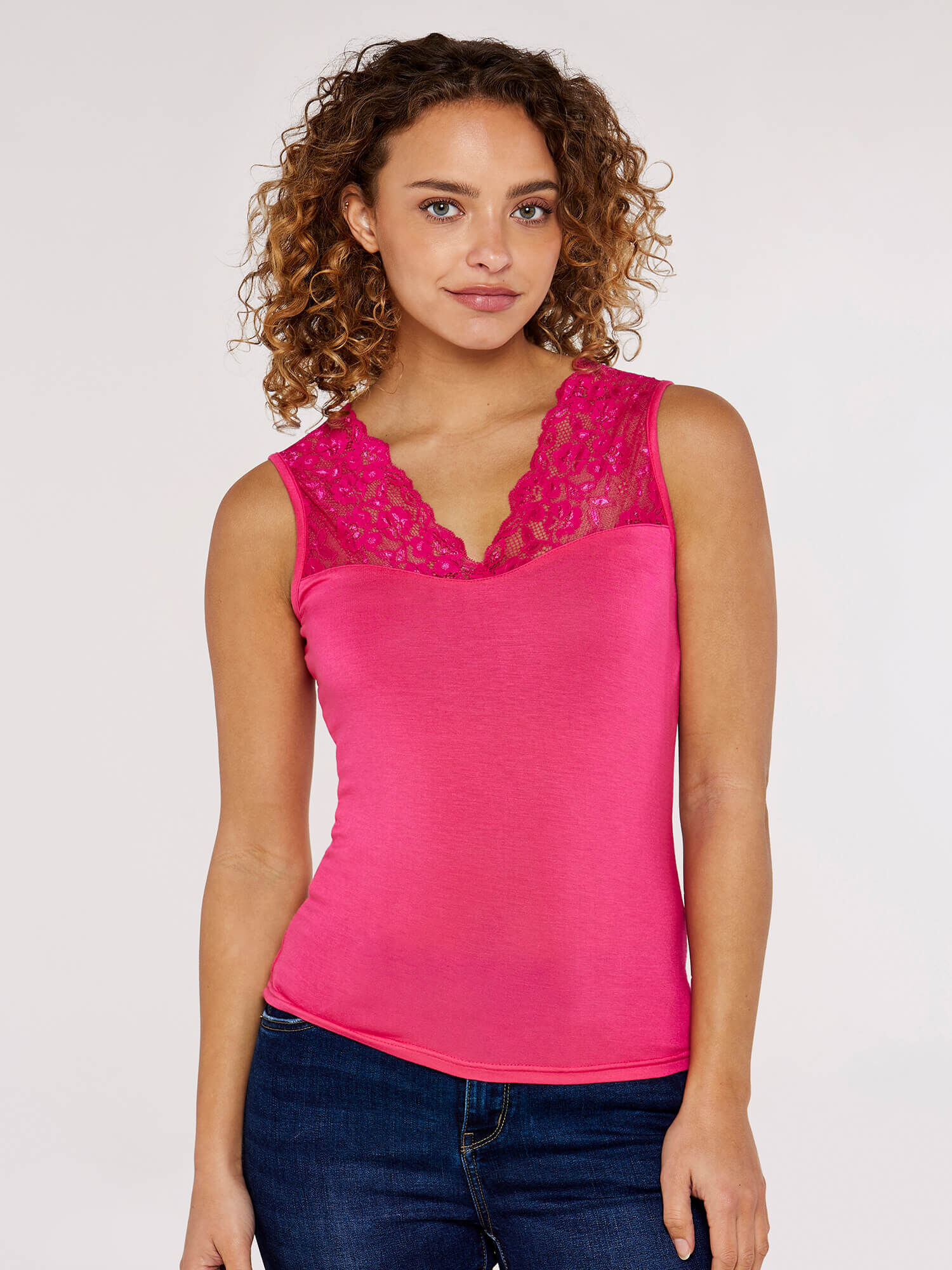 Lace Neck Cami Top Apricot Clothing