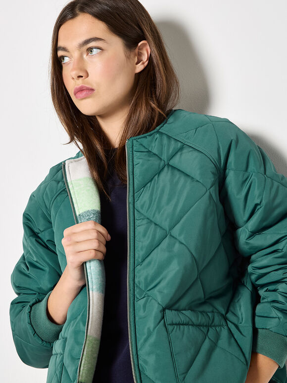 Reversible Check Fleece Quilted Jacket, Green, large