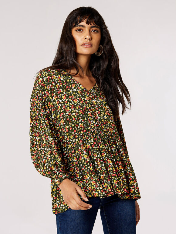 Oversized Ditsy Floral Top, Khaki, large