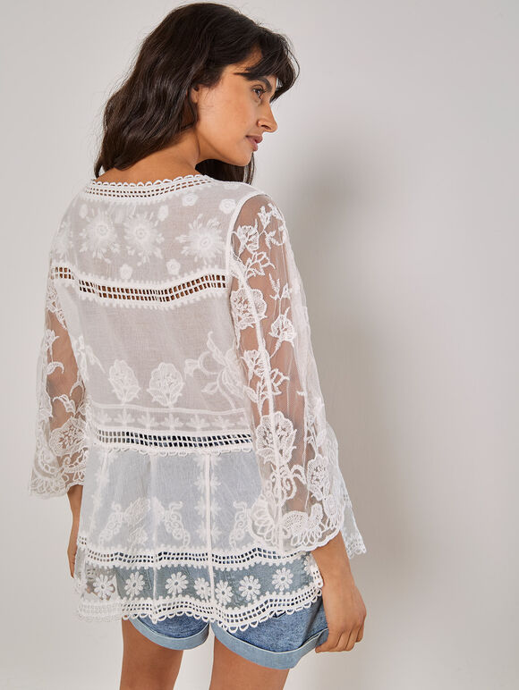 Embroidered Mesh Oversized Top, White, large